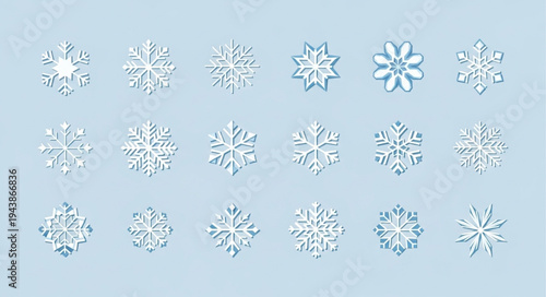 Collection of Various Snowflake Icons on Light Blue Background.
