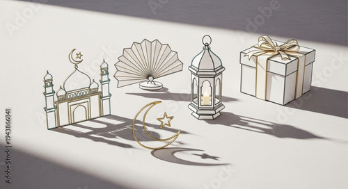 Miniature Metal Lantern and Gift Box Shadows on Surface.