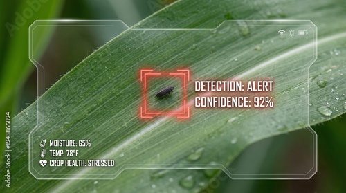 Smart lens interface scanning corn leaf for pest detection with AR data visualization of humidity, temperature and crop health index.