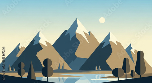 Stylized Mountain Landscape with Trees and Water.