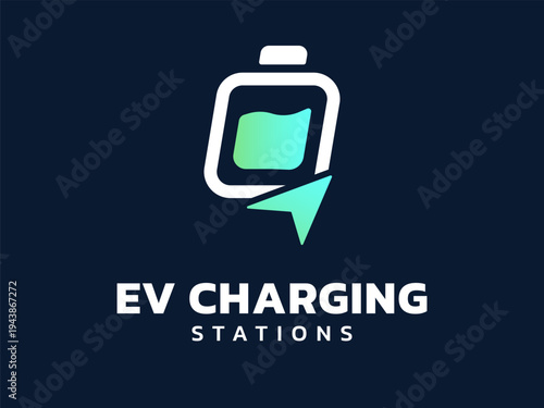 Electric vehicle ev charging with navigation icon symbol overlapping in battery shapes Representing ev charging station, ev industry, application, ui, energy logo illustration vector design concept.