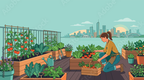 Flat Illustration of Red Tomatoes Growing in a Wooden Raised Garden Bed with Purple Flowers
