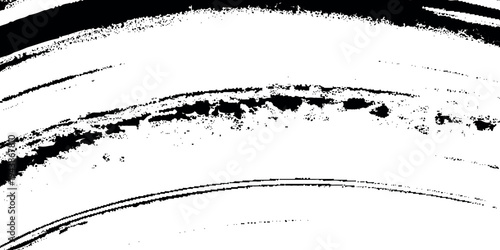 Black ink brush stroke on white background, abstract minimalist calligraphy texture features authentic dry brush edges and splatters.