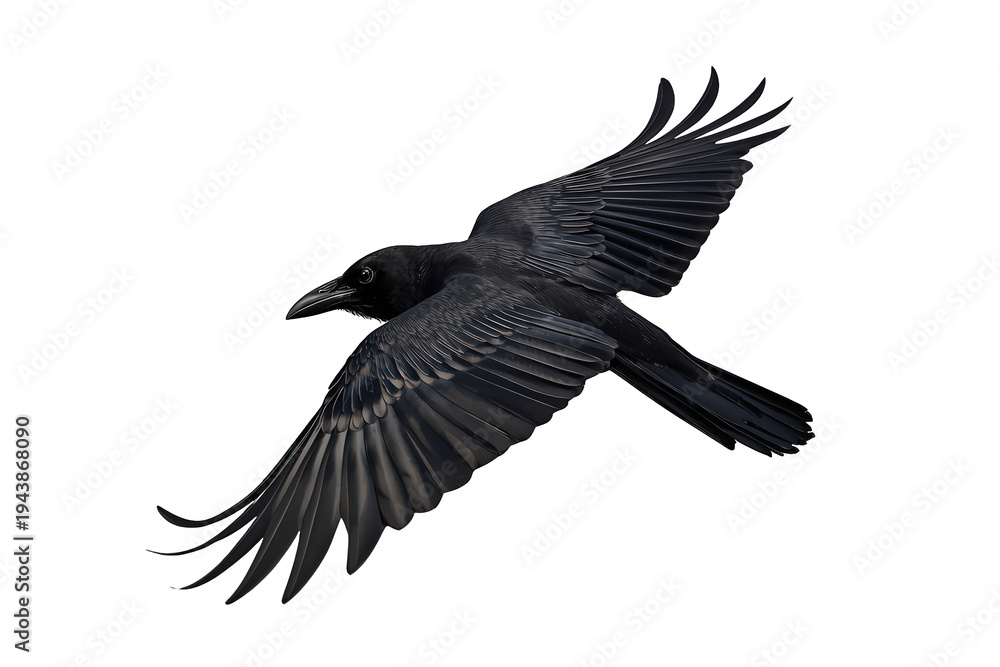 Obraz premium Black crow or raven flying with wings spread against a white background, isolated bird soaring, transparent