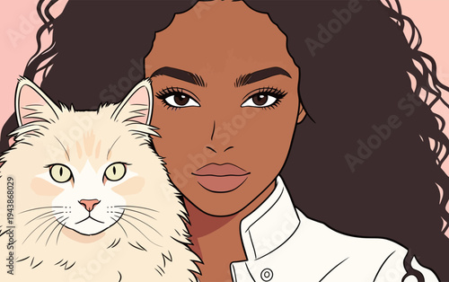 A woman stands with a white fluffy cat on her shoulder in a studio. She has curly hair and is looking forward with a neutral expression.