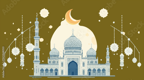 vector illustration of a majestic Islamic mosque with intricate geometric patterns and a prominent Crescent moon symbol in a flat design style