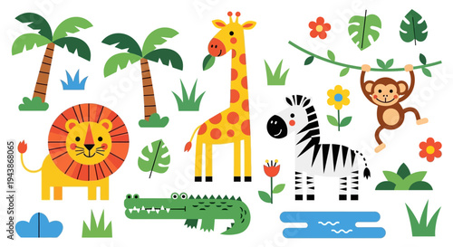 A delightful assortment of friendly cartoon safari animals and lush jungle flora, perfect for cheerful children's illustrations and playful designs, capturing the vibrant essence of wildlife adventure
