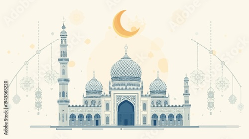 illustration of a majestic Islamic mosque with intricate geometric patterns and a prominent Crescent moon symbol in a flat design style