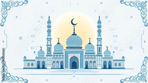 illustration of a majestic Islamic mosque with intricate geometric patterns and a prominent Crescent moon symbol in a flat design style