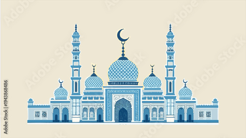 Vector illustration of a majestic Islamic mosque with intricate geometric patterns and a prominent Crescent moon symbol in a flat design style