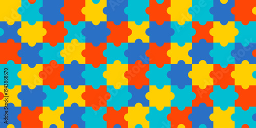 Autism puzzle colorful seamless pattern. Autism Awareness Month multicolored mosaic background. Vector illustration in flat style. Yellow blue red colors.