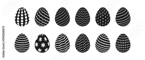 Black and white Easter eggs set. Monochrome patterned decorations. Vector black silhouette on white background. Geometric pattern, lines, circle shapes. Flat style.