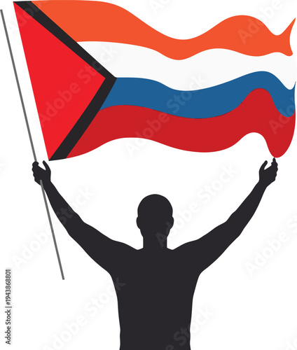 silhouette of man holding large waving tricolor national flag in celebration isolated on white background