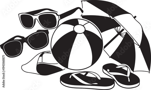 Black and white beach accessories illustration with sunglasses