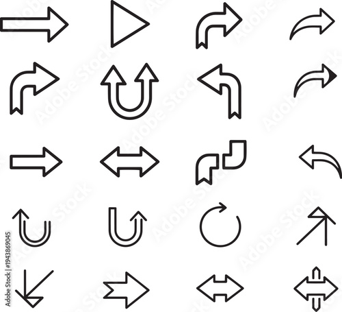 Set of black outline arrow icons including curved directional symbols straight pointers and rotating signs for navigation interface design and application development on transparent background grids