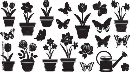 Black and white illustration of flowers and butterflies icons