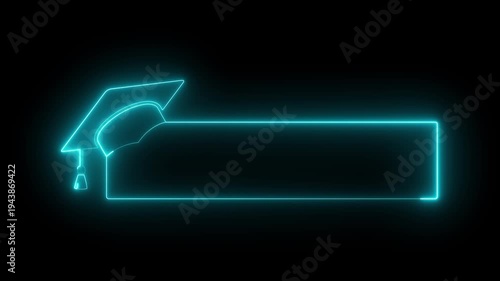glowing neon graduation cap and blank frame icon isolated on black background. Graduate college, high school or educational cap symbol. degree ceremony hat with line stroke border. 4k video animation.