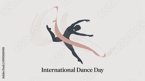 Dancer in motion celebrating international dance day with dynamic pose and flowing ribbons on gray background