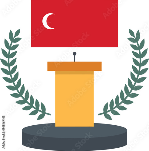 celebratory illustration of formal speaker podium with laurel wreath and national flag on white background