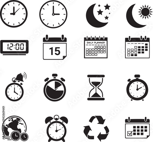 Time and calendar icon set featuring analog clocks digital displays alarm timers stopwatches hourglasses monthly planners and scheduling symbols for time management and productivity applications