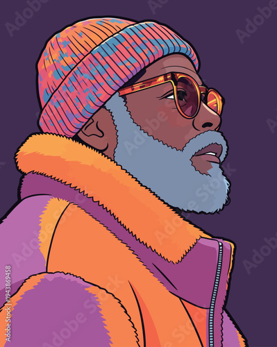 A man wears a colorful outfit with a knit hat and sunglasses. He looks up while against a dark backdrop.