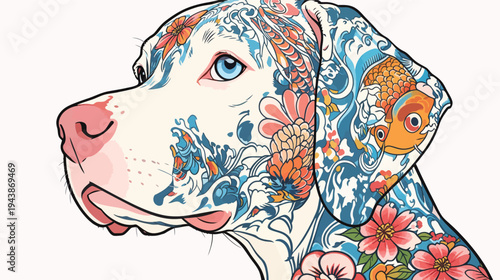 A dog with bright body art featuring flowers and fish shows its unique style and personality in a colorful design.