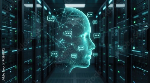 Artificial intelligence digital human head connect chat bot tech concept. Futuristic AI concept with data flow in a server environment.