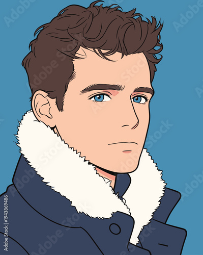 A young man stands looking forward with a serious expression. He wears a jacket with a fur collar and has short brown hair.