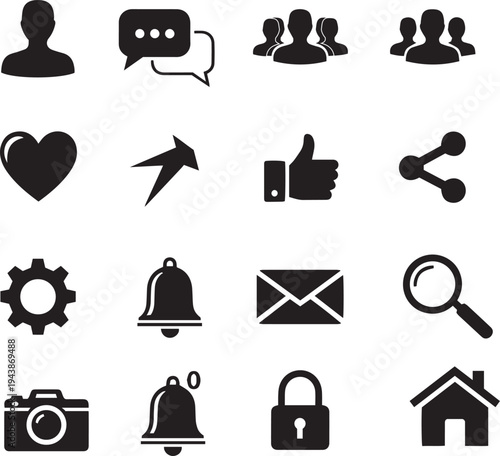 social media and communication icons set with people icons chat bubbles and likes for networking and online interaction concepts