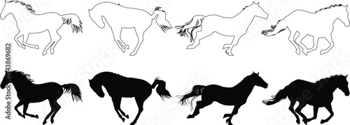 Running horse silhouette icons for equestrian, ranch, and wildlife design. Minimal outline and solid stallion shapes showing galloping motion and flowing mane. Clean vector graphics for logos, tattoos
