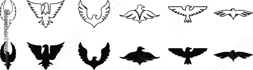 Flying bird silhouette icons with spread wings for nature and freedom themes. Minimal outline and solid bird shapes in flight poses. Clean vector graphics for logos, tattoos, wildlife design, and bran