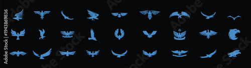 Blue flying bird silhouettes set for nature, wildlife, and freedom themes. Dynamic wing positions showing birds gliding and soaring in the sky. Clean vector graphics for logos, patterns, backgrounds, 