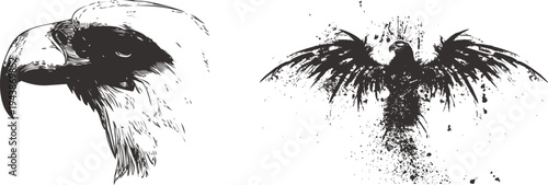 Grunge phoenix bird splatter illustration for dark fantasy design. Abstract ink splash forming flying mythic bird silhouette. Dramatic vector artwork for tattoo concepts, posters, and edgy branding.