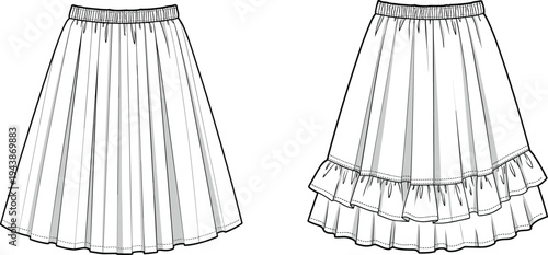 Girl skirt front and back view, pleated and layered style, fashion garment cad drawing flat vector illustration, technical sketch