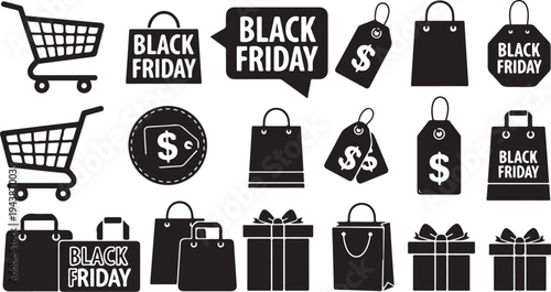 Black Friday shopping icons and sale symbols collection