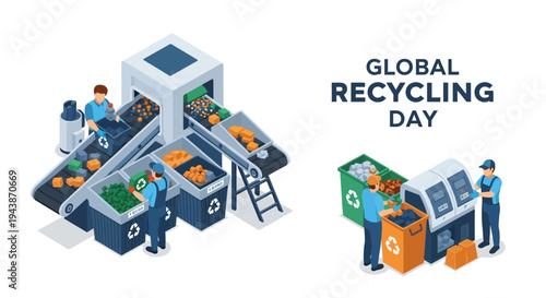 Isometric illustration of people recycling on Global Recycling Day with waste sorting and recycling process