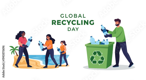 Vector illustration of people collecting and recycling plastic bottles on a beach for Global Recycling Day, promoting environmental awareness with a recycling symbol and eco-friendly theme.