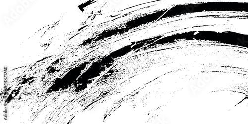 Black ink brush stroke on white background, abstract minimalist calligraphy texture features authentic dry brush edges and splatters.