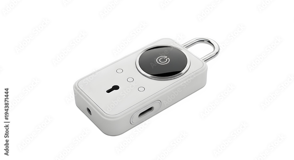 Fototapeta premium A small white electronic device with a gray button and metal loop