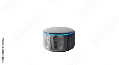 Amazon echo smart speaker with glowing blue ring on black background