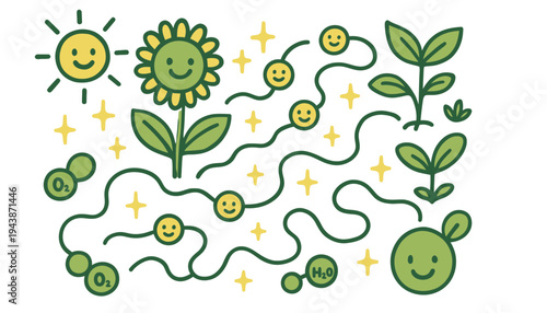 A smiling flower illustration with green leaves and yellow smiley faces