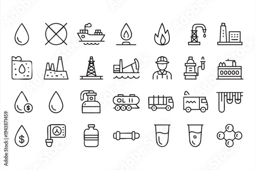Petroleum Energy And Oil Extraction Vector Icons With Drilling Rigs Fuel Tankers And Refineries
