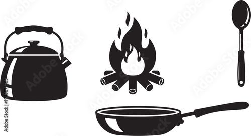 Camping cooking utensils and fire icon set in black