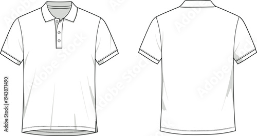 CAD drawing flat vector illustration, classic polo shirt design, front and back view, fashion technical sketch, men’s clothing template, apparel mockup