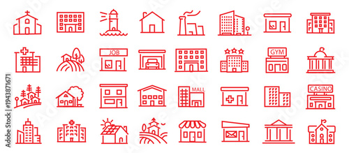 Building web icons in line style. Hotel, hospital, apartament, city, town house, mall, coffee, collection. Editable stroke. Vector illustration.