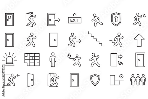 Safety And Emergency Evacuation Line Icons With Exit Signs Running Person And Direction Arrows