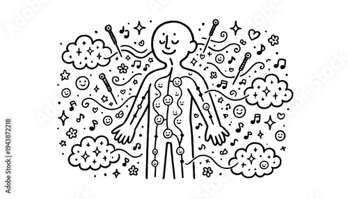 A smiling human body illustration with music notes and symbols