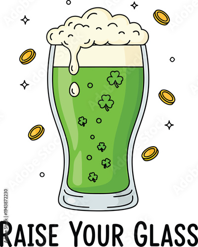 St. Patrick's Day Green Beer Glass Vector Illustration with Shamrocks, Gold Coins, and "Raise Your Glass" Text for Festive Celebrations