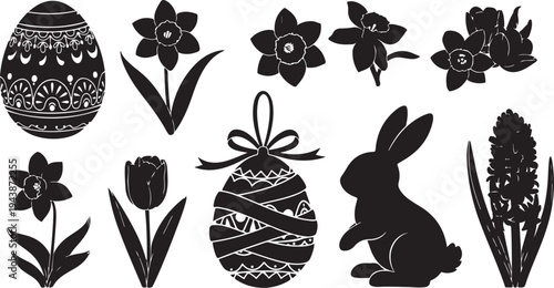 Easter eggs and flowers with bunny silhouette vector graphics