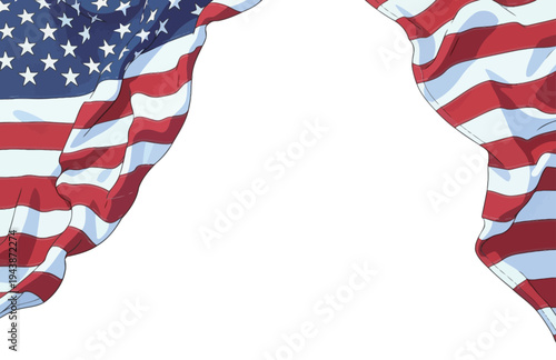 American flags with red, white, and blue colors drape down, creating a backdrop in an open area for a festive event.